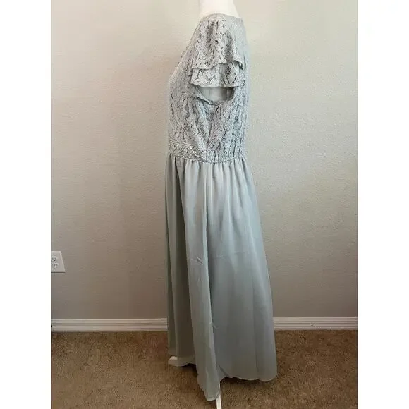 New Tea N Rose Maxi Dress Women's L Blue Gray Lace Flutter Sleeve Boho Chic - Picture 4 of 8